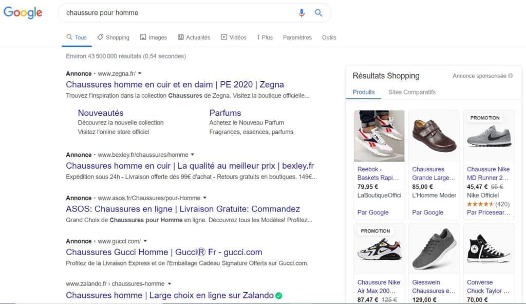 Google Shopping avec requête chaussure pour homme