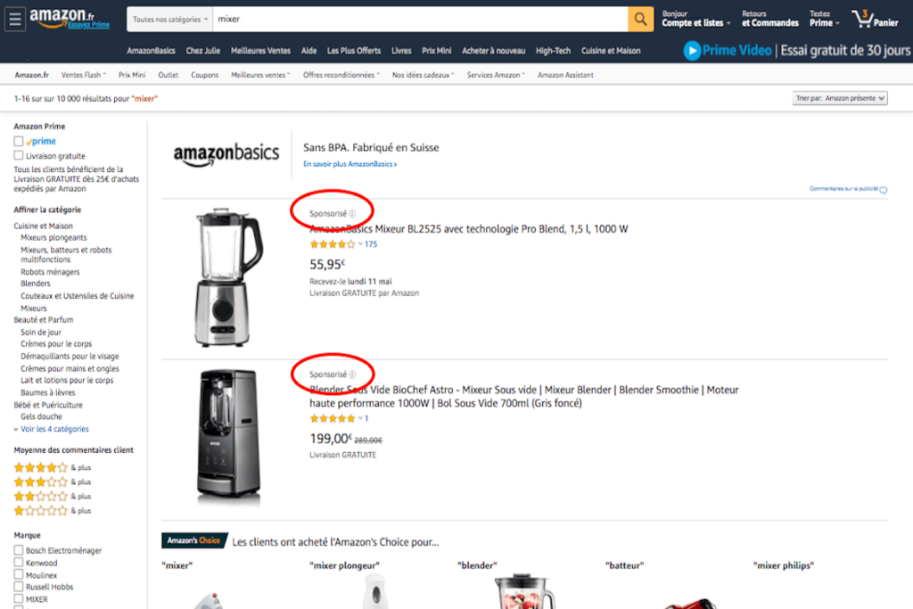 Exemple d'Amazon Sponsored Products Ads