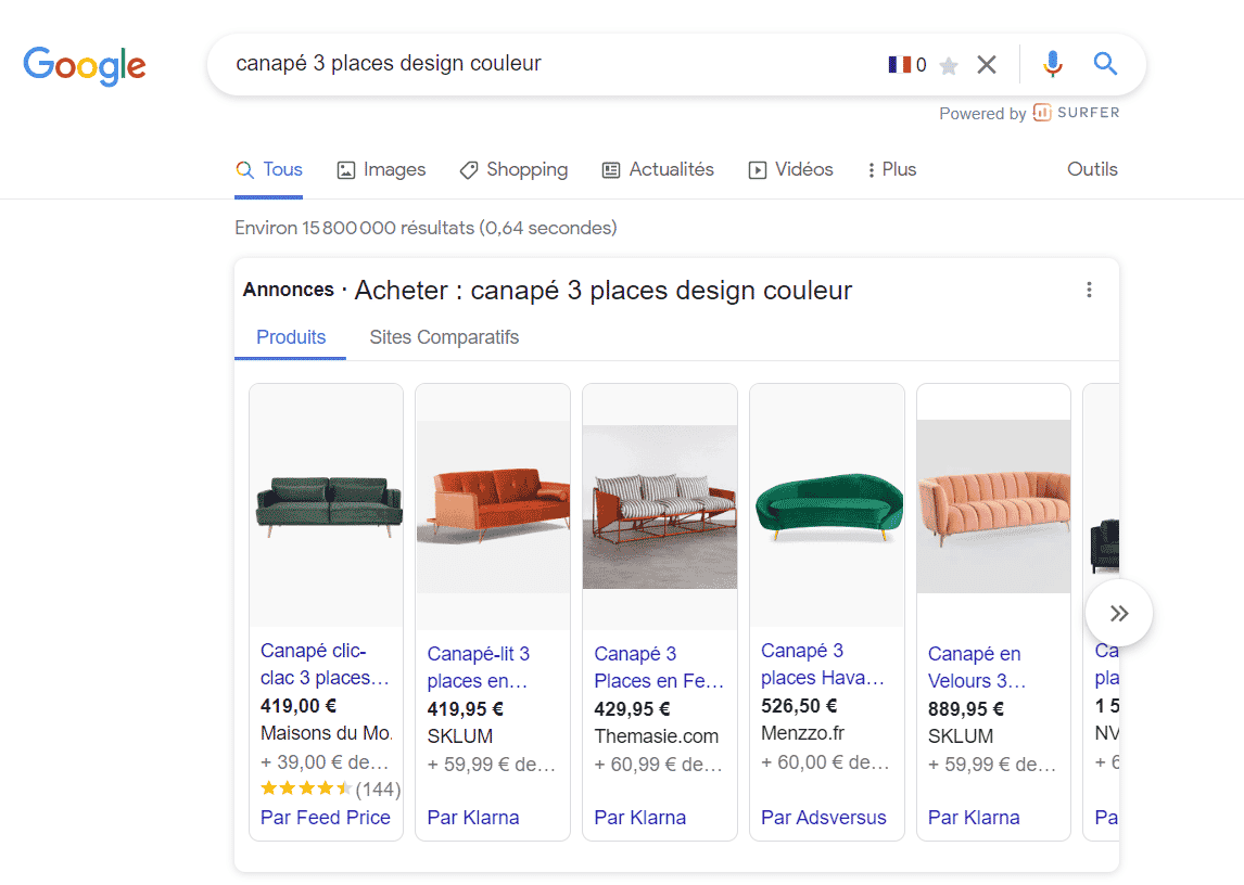 Capture d'écran d'une recherche Google Shopping